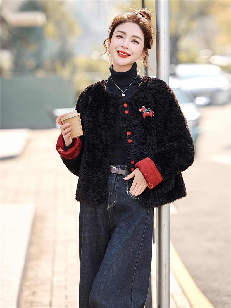 羊羔毛撞色两面穿AB面g风马到成功年货款加厚外套,女装短外套,采品优优