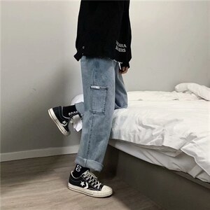 1008-2-K52-P35秋冬新款直筒宽松休闲情侣中性纯色牛仔裤港风坠感,男装牛仔裤,星座1008-2