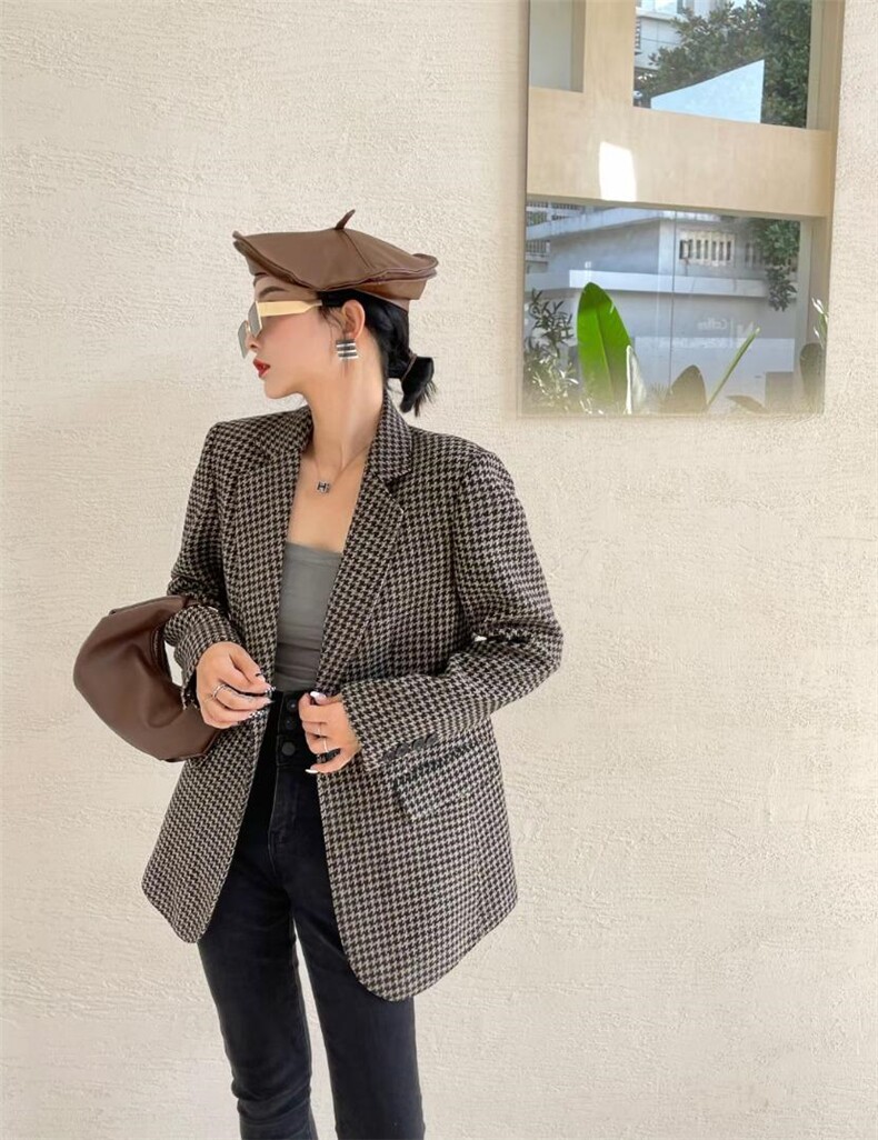 格子全毛呢西装，女装西装，卉尔
