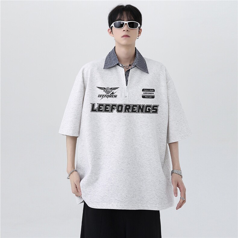 日系潮牌复古小众时尚假两件高级男女同款POLO衫短袖T恤T353-P48，男装Polo衫，电商C307