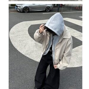美式假两件夹克男春秋季宽松休闲潮牌复古小众解构外套W9348/P110图片