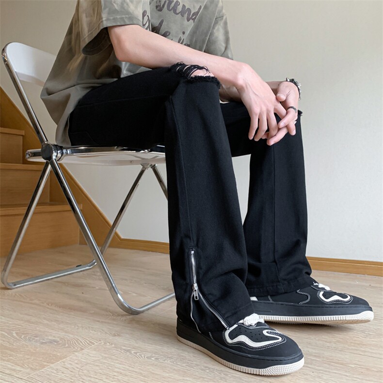 B221美式ins高街小众百搭微喇拉链破洞牛仔裤LK23086-P60控78,男装牛仔裤,电商B221