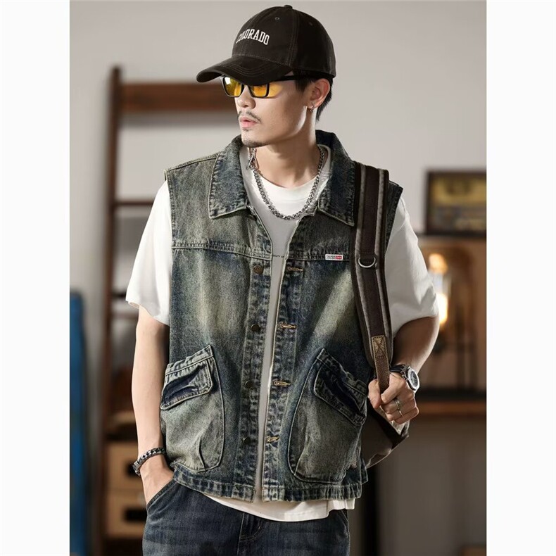 美式复古牛仔马甲男外套大口袋工装坎肩背心牛仔上衣MJ0920-P48，男装背心/马甲，星座308B-2