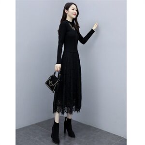 2023秋季新款半高领线衣花边配蕾丝长款打底连衣裙（配饰品)，女装连衣裙，安之芮娜