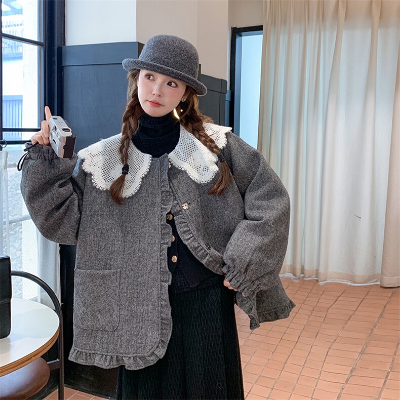 灰色千金风蕾丝娃娃领羽绒服女冬季韩系甜美减龄花边白鸭绒外套,女装毛呢外套,维壹