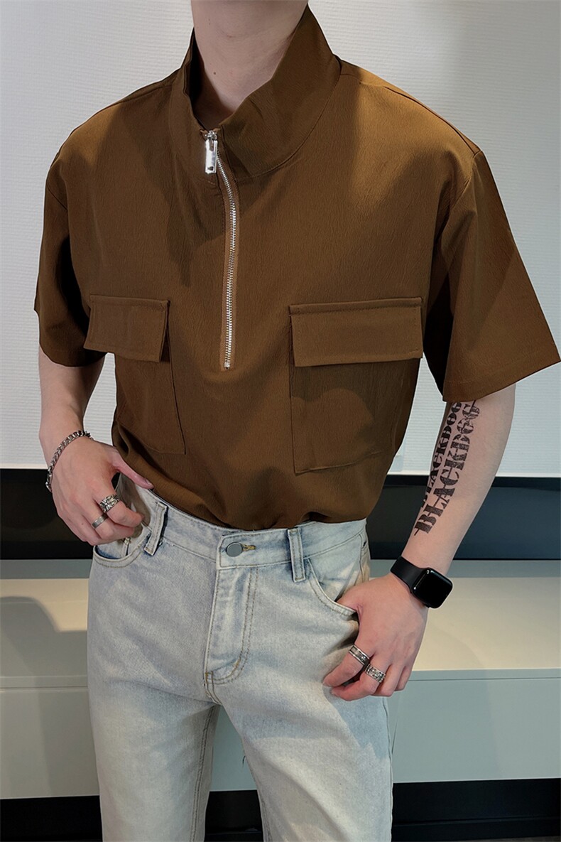 夏季半拉连衬衫男垂感休闲小众短袖T恤衬衣潮流套头CS805-P55控78,男装T恤,电商B267