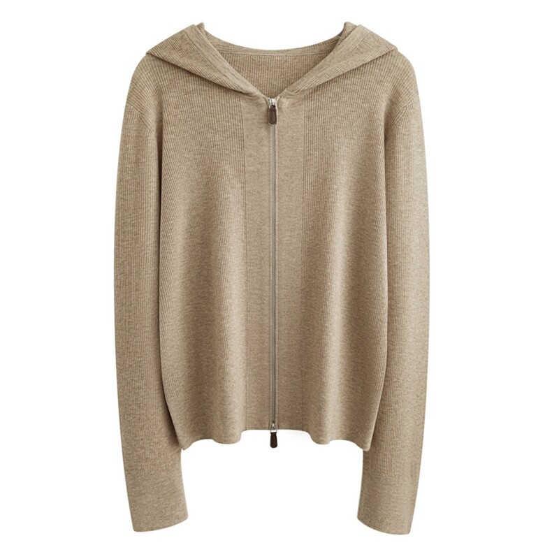春装新款纯色圆领精纺羊毛拉链连帽针织开衫，女装羊毛衫，东远绒业