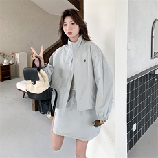蓝色休闲运动套装裙女2025春季新款韩系小个子立领外套短裙两件套，女装套装/套裙，2D078