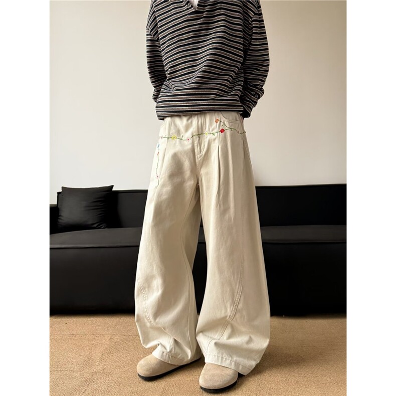 米白色高腰阔腿裤男新款卡其色直筒裤宽松垂感显瘦工装裤G13-P55，男装工装外套，星座310B-2
