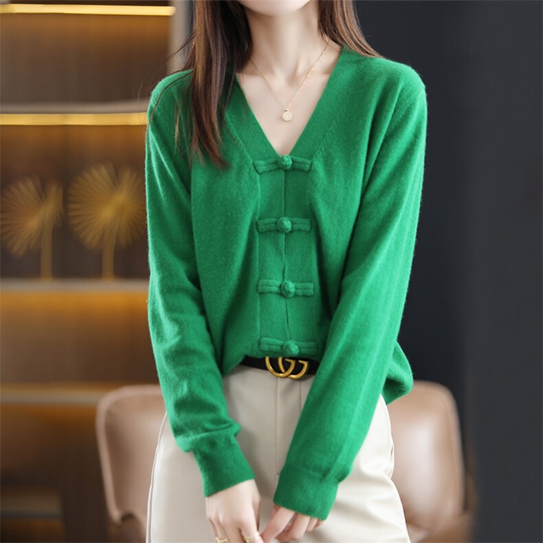 时尚百搭V领盘扣设计羊毛开衫显瘦修身长袖针织衫,女装羊毛衫,丽特绒