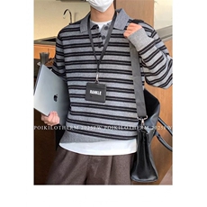 高端款男士秋冬季套头毛衣针织衫polo翻领毛衣复古条纹上衣，男装针织衫/毛衣，星座506A