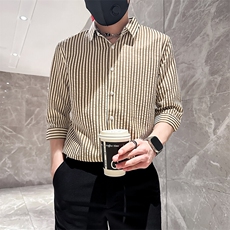 店主风社会小伙男士条纹痞帅七分袖衬衫男修身301A-1/CS422/P55，男装衬衫，星座301A-1