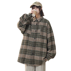 日系复古格子撞色长袖衬衫男女宽松毛呢格衬衣225-2-CS708-P58，男装衬衫，星座225-2