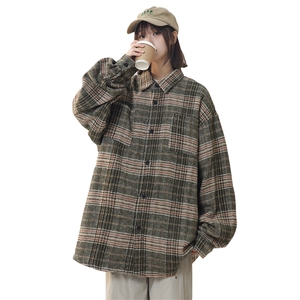 日系复古格子撞色长袖衬衫男女宽松毛呢格衬衣225-2-CS708-P58图片