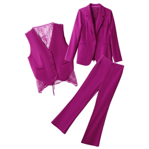 通勤商务休闲女西装套装三件职业外套长裤马甲背部蕾丝镂空修身图片
