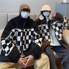 情侣装冬装反光拼接棋盘格加厚羊羔毛情侣棉衣宽松外套G1029P118，男装棉衣，电商A339
