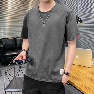 夏季港风大码宽松纯色短袖T恤男圆领纯棉中袖卫衣模灰T9550图片