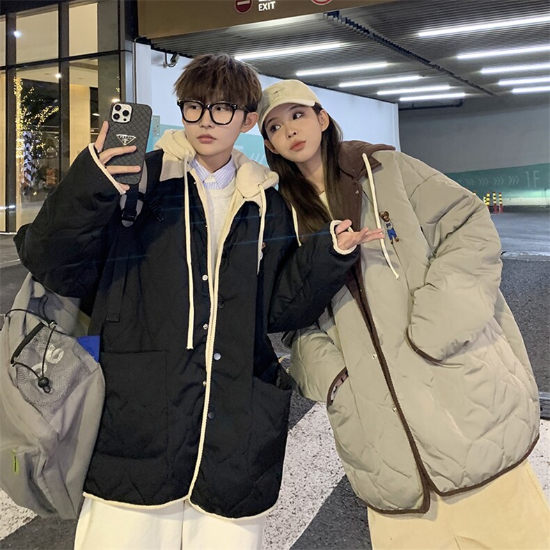 1港风情侣灯芯绒拼接连帽棉衣男假两件小熊棉衣男8713P135控168，男装棉衣，星座226-2