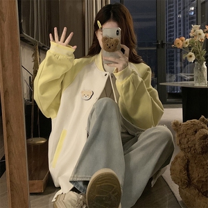 春季新款港风日系立领拼色棒球服魔术贴小熊夹克外套 JK1411-P85图片
