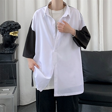 新款夏季禁欲风短剧拼接男士撞色短衬衫A071-C12-P35，男装衬衫，电商A071