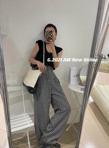 现货秋季新款千鸟格厚松紧腰直筒裤均码，其它，G