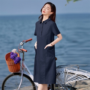 夏季薄款棉麻连衣裙女2025新款宽松遮肚子显瘦气质翻领亚麻衬衫裙图片