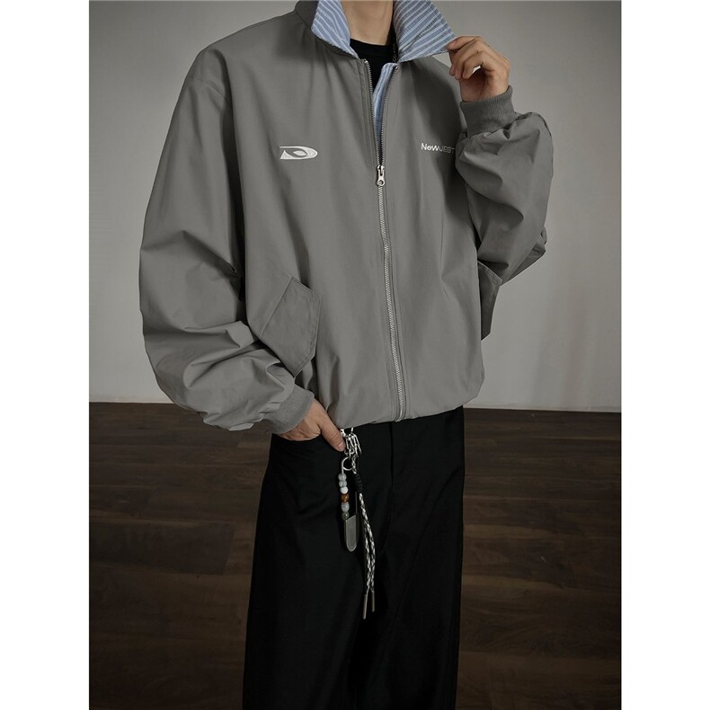 739-P58白色cleanfit条纹拼接假两件棒球服外套男款美式翻领,女装短外套,电商B323A