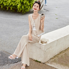 欧洲站2025夏新时尚洋气短袖开衫套装高腰显瘦阔腿长裤两件套套装，女装套装/套裙，悠米