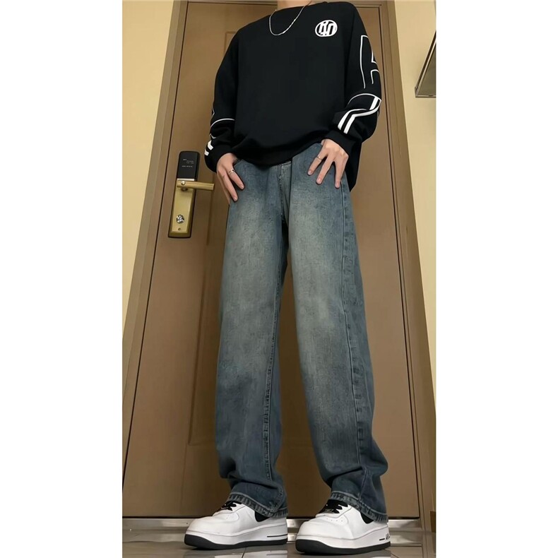 K16008-p38网络图）现货牛仔裤拼接无弹阔腿直筒裤老爹裤长裤，男装牛仔裤，星座103A-1