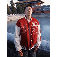 W11126-P70网图现货美式拼接钉珠皮袖棒球服高街潮牌宽松夹克，男装夹克，星座1608
