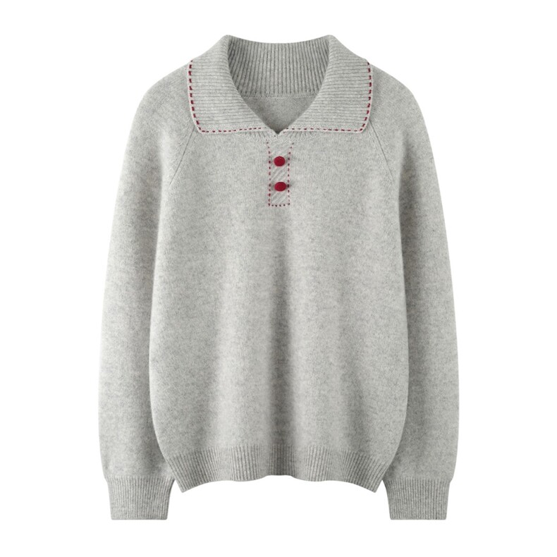 山羊绒(羊绒)时尚的休闲插肩包扣翻领套衫，女装羊绒衫，绒知纯羊绒