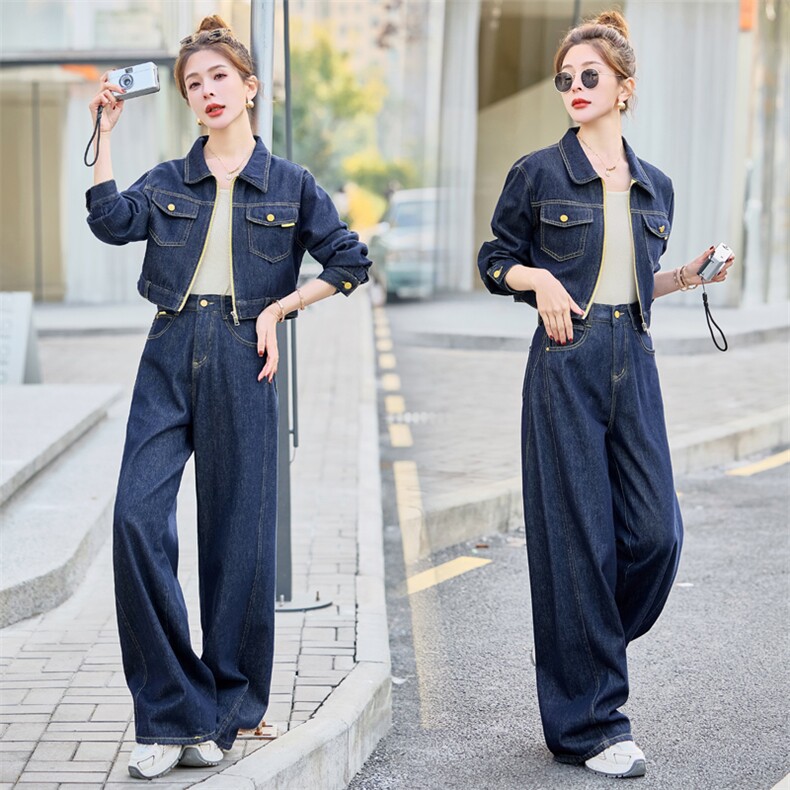 牛仔套装女2025春秋新款韩系高级感超火休闲洋气减龄阔腿裤两件套，女装套装/套裙，浪花E族（衣布洛）