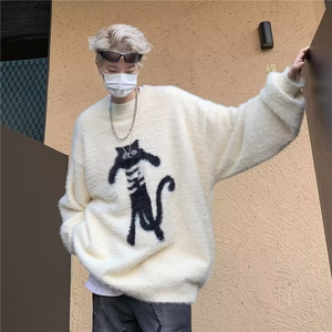 潮牌猫咪慵懒套头毛衣男2024秋冬宽松美式情侣针织衫上衣M03/P54图片