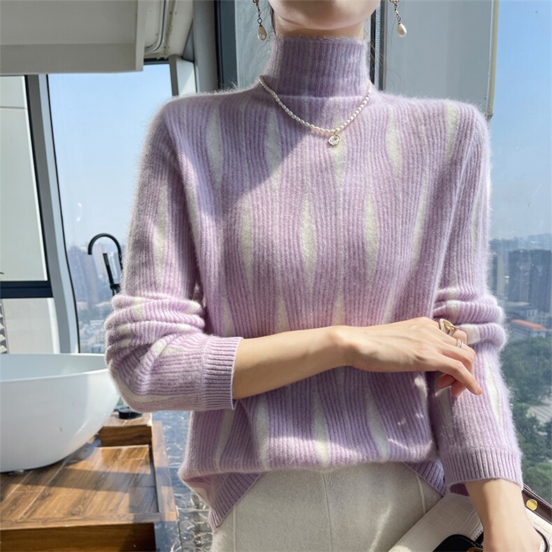 100%纯羊毛衫女半高领拼色针织长袖毛衣宽松百搭羊绒衫显瘦打底衫图片