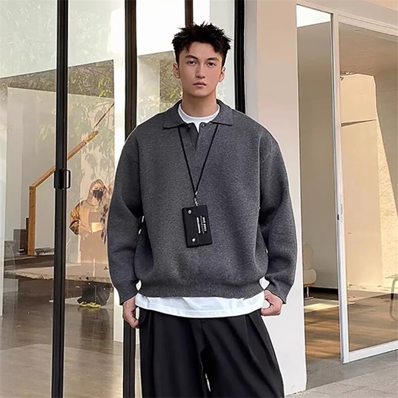 网图M-8XL重磅复古海鸥领针织毛衣V领纽扣POLO衫A025-PM106-P60,男装针织衫/毛衣,电商A025