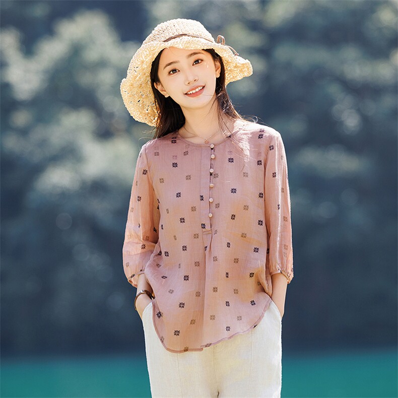 2026年夏春季女短袖苎麻文艺/优雅文艺风,女装衬衫,江南依恋