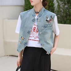 现货低价引流水洗做旧好牛仔刺绣马甲春季新中式盘扣立领马夹，女装马甲，江南女神