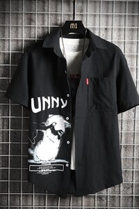 2021春季新网格挂拍日系大码男卡通小猫印花衬衫短袖C3003-P35图片