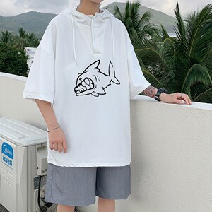 LD54041-P45 连帽短袖t恤男大码胖子带帽五分袖中袖图片
