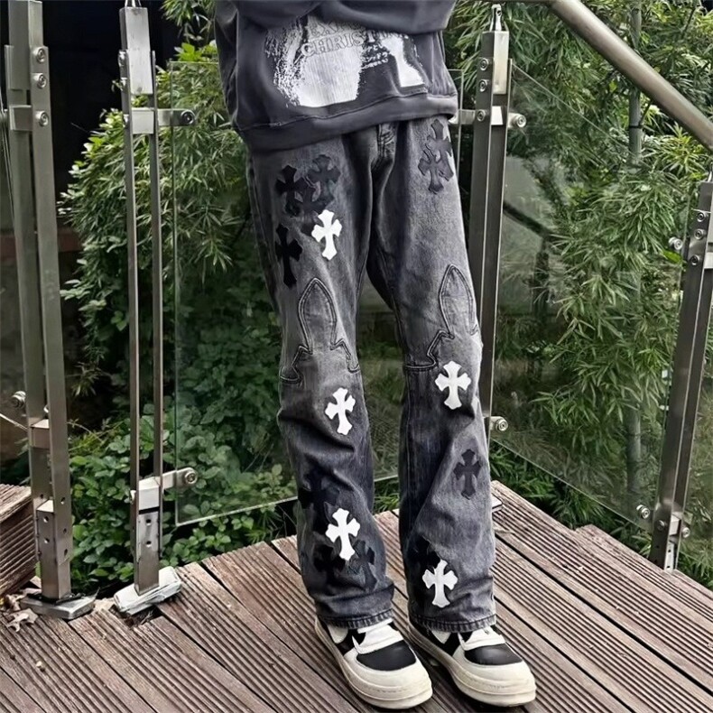 限定黑灰色火焰黑白十字架拼皮情侣款洗水牛仔长裤,男装休闲裤,星座813-2