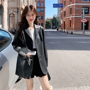 减龄机车服黑色西装皮衣外套女春秋2025新款百搭流行爆款PU皮夹克图片