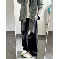毛边破洞设计水洗泛白做旧直筒牛仔裤宽松休闲男女老爹裤N090，男装牛仔裤，星座1116A（原606A-3）