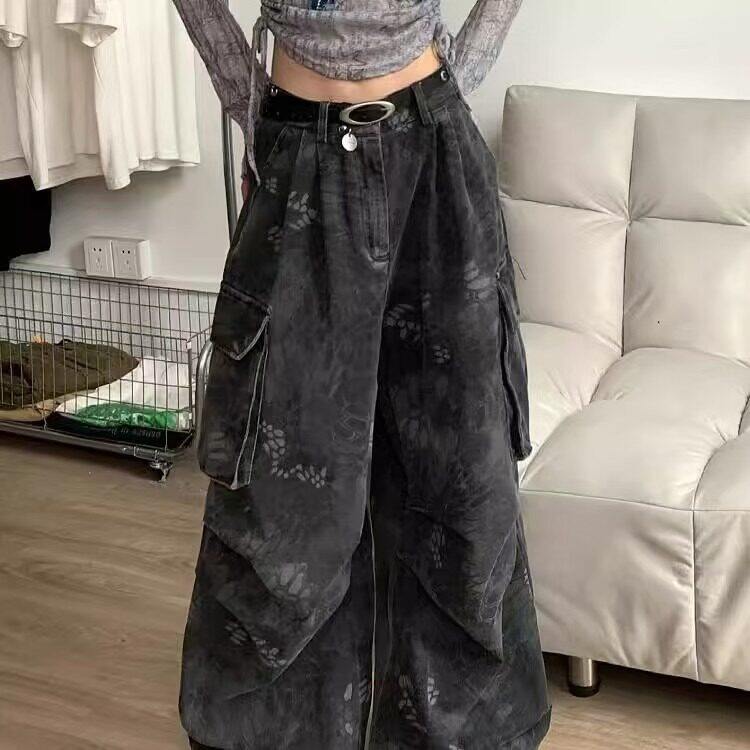 美式复古迷彩蛇纹工装牛仔裤高街辣妹宽松直筒阔腿拖地裤NA1986,男装牛仔裤,星座1116A（原606A-3）