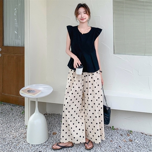 又甜又辣黑色上衣两件套2025新款通勤百搭波点阔腿裤亚麻套装女夏图片