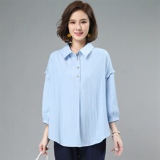 2024夏季新款百搭纯棉七分袖衬衫女韩范宽松大码遮肚显瘦休闲衬衣，女装衬衫，奕阳依阁