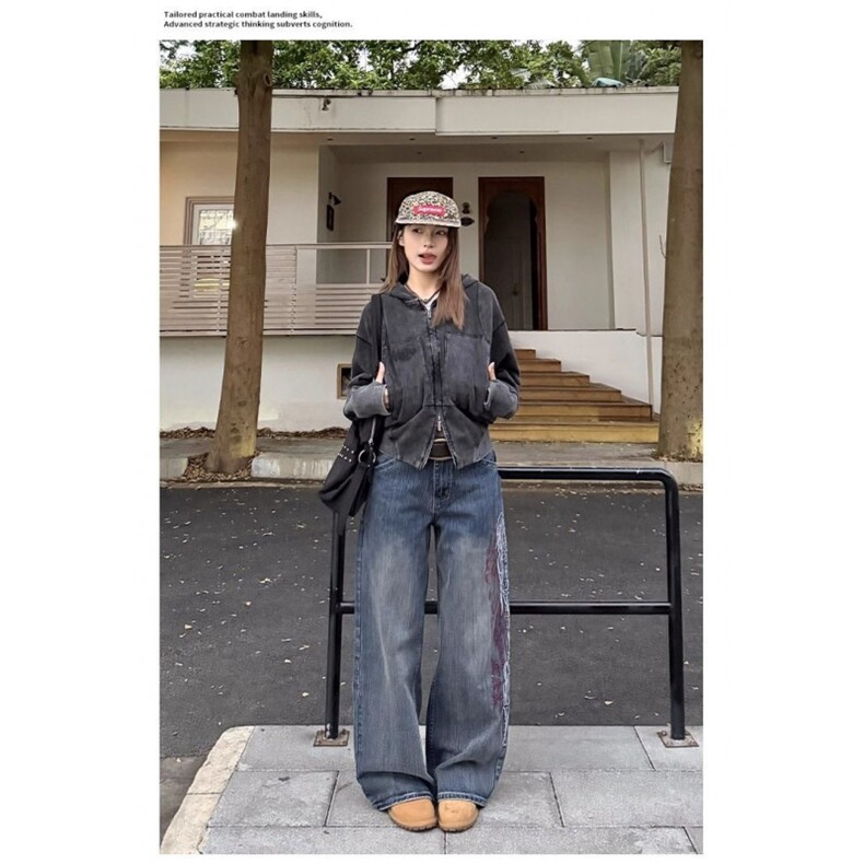 美式复古刺绣宽松直筒竹节纹牛仔裤男女阔腿街头cleanfit长裤潮,男装牛仔裤,四季星座505