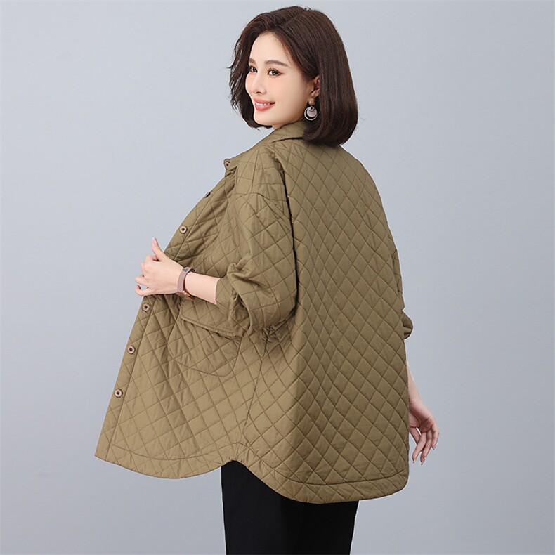 菱格加棉衬衣女中长款冬季新款韩版宽松加厚夹棉衬衫式轻薄棉外套,女装大码女装,独衣靓