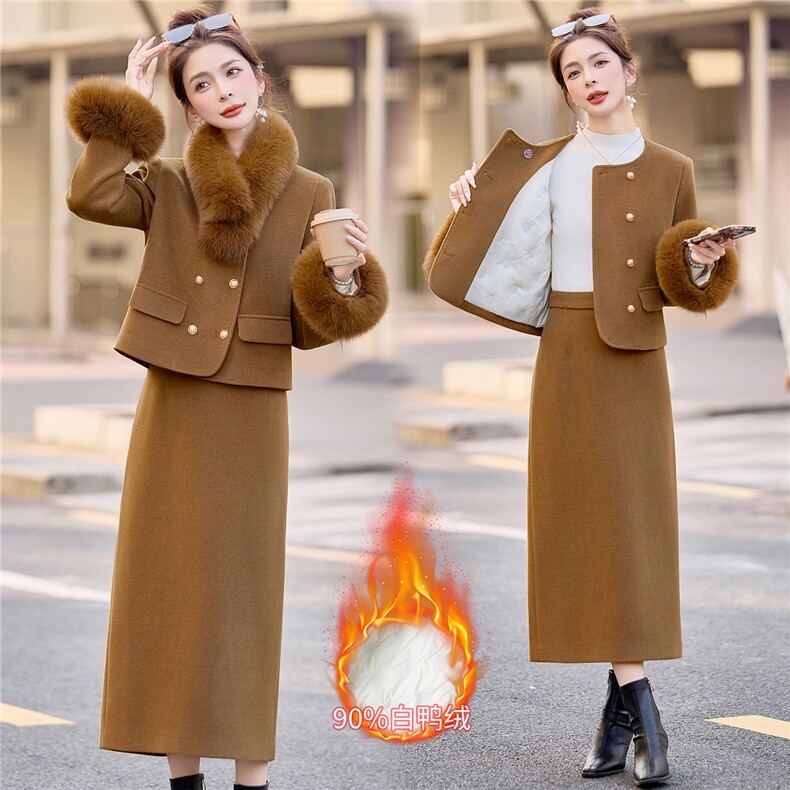 2026年冬季90羽绒服套装韩版真狐狸毛袖口领子淑女通勤保暖两件套,女装棉衣/棉服,众宇琦