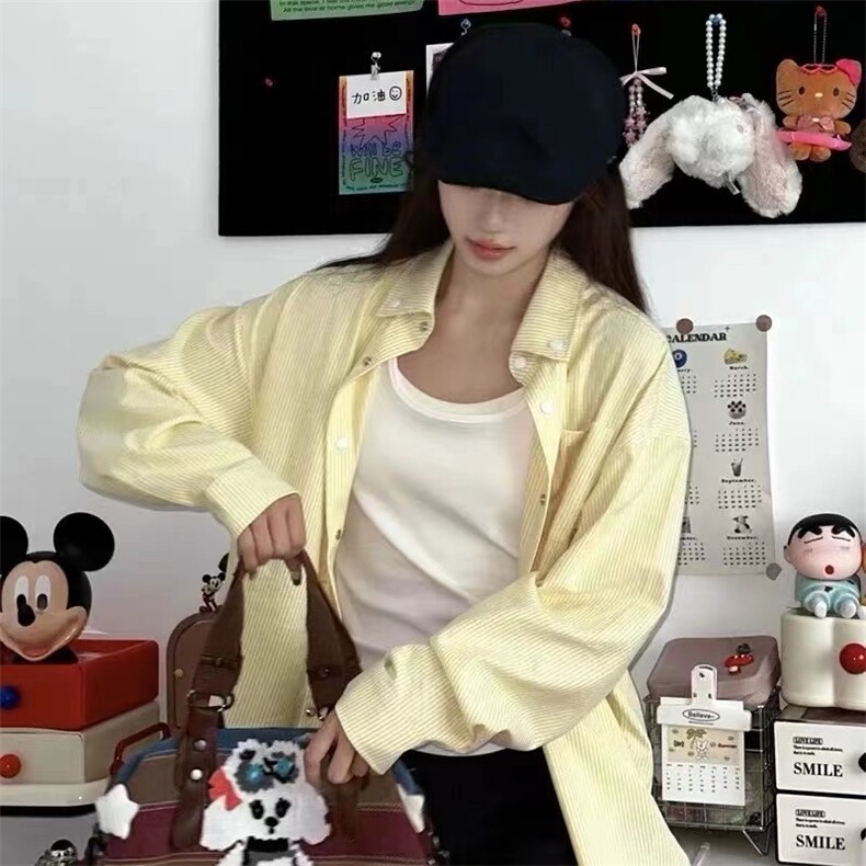 TC741-P45美式2025新款小狗刺绣衬衫女复古黄色条纹学院风上衣,男装衬衫,星座617A-2