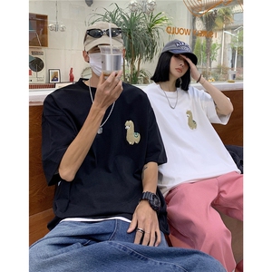 情侣装高街潮设计羊驼毛巾绣宽松圆领半袖T恤情侣上衣D289 P25图片